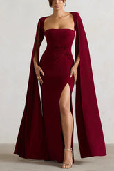Maroon Extented Cape Sleeve Maxi Dress